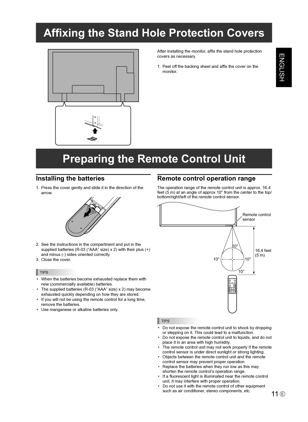 Sharp PNE421P, PN-E421 operation manual Affixing the Stand Hole Protection Covers, Preparing the Remote Control Unit 