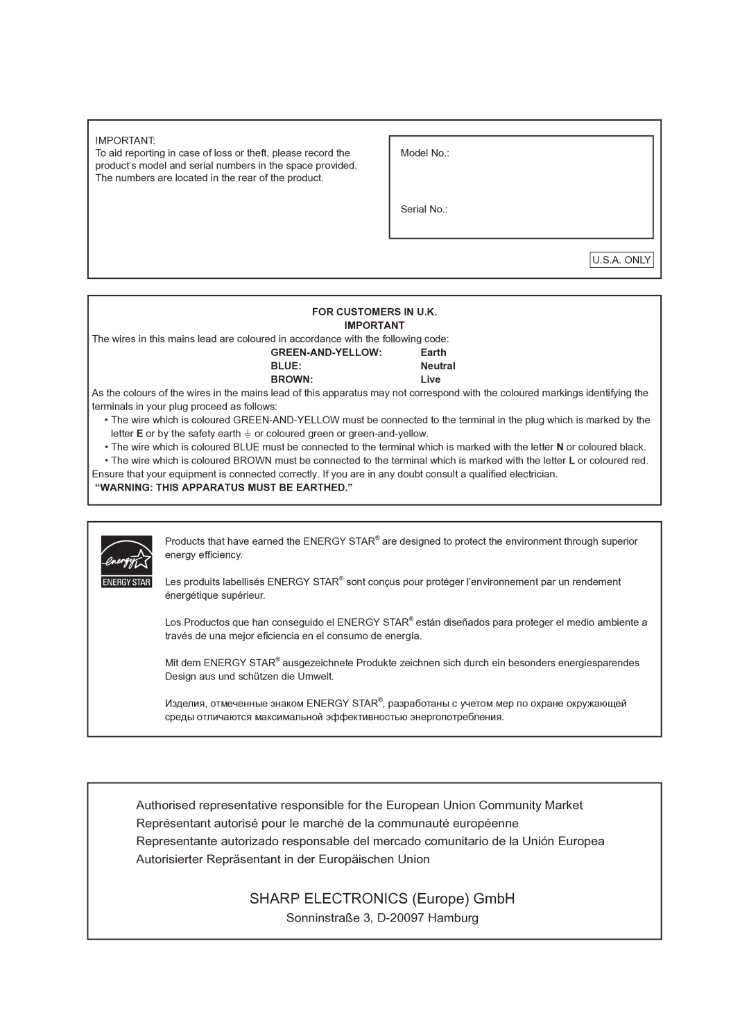 Sharp PN-E421, PNE421P operation manual Earth, Neutral, Live 