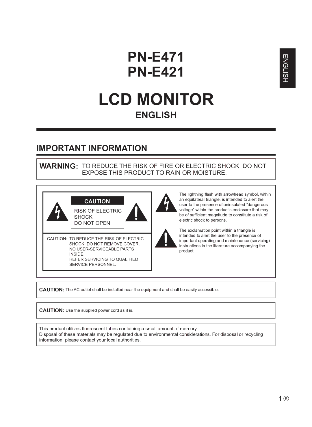 Sharp PNE421P, PN-E421 operation manual LCD Monitor, Important Information 