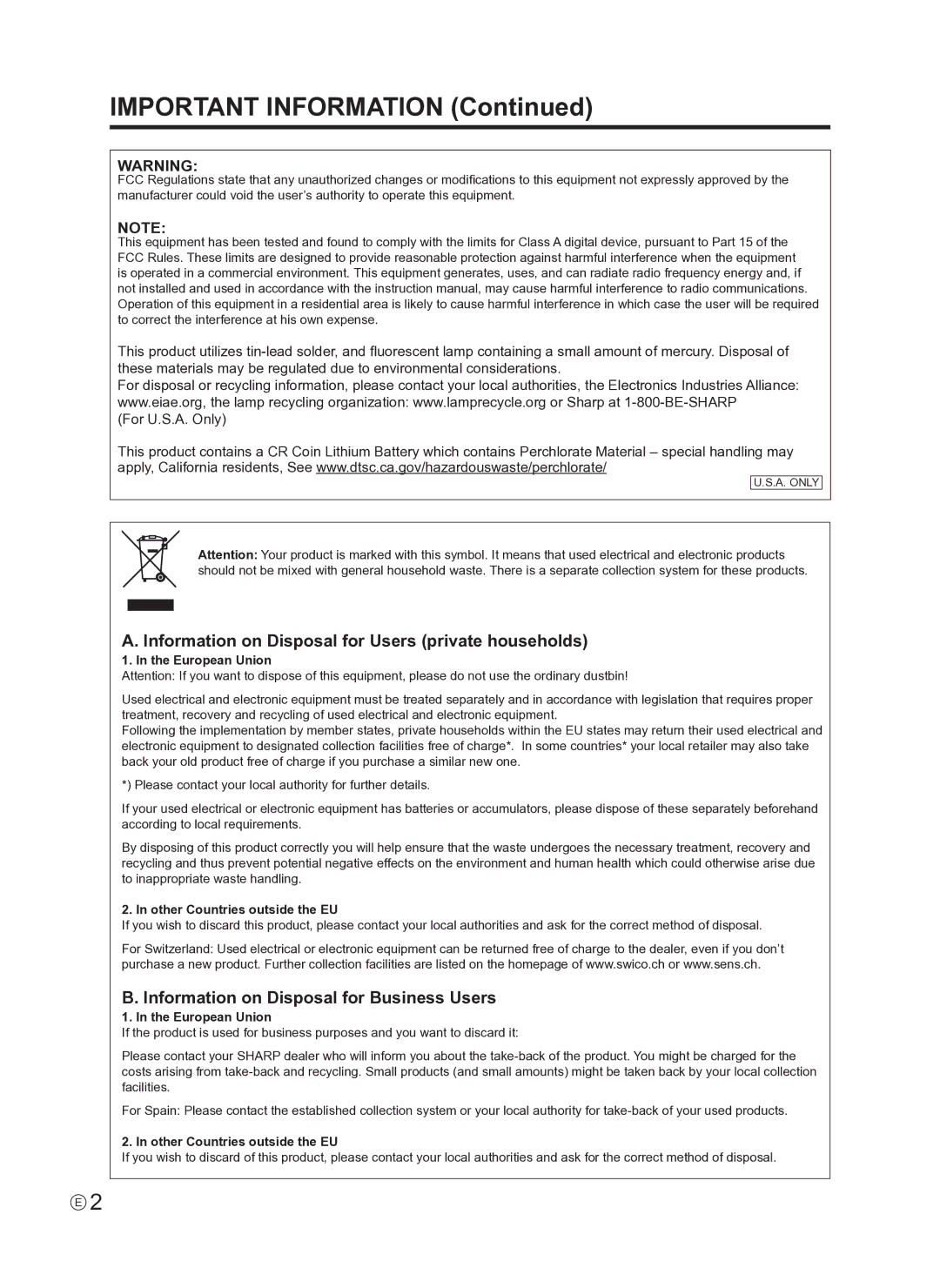 Sharp PN-E421, PNE421P operation manual European Union, Other Countries outside the EU 