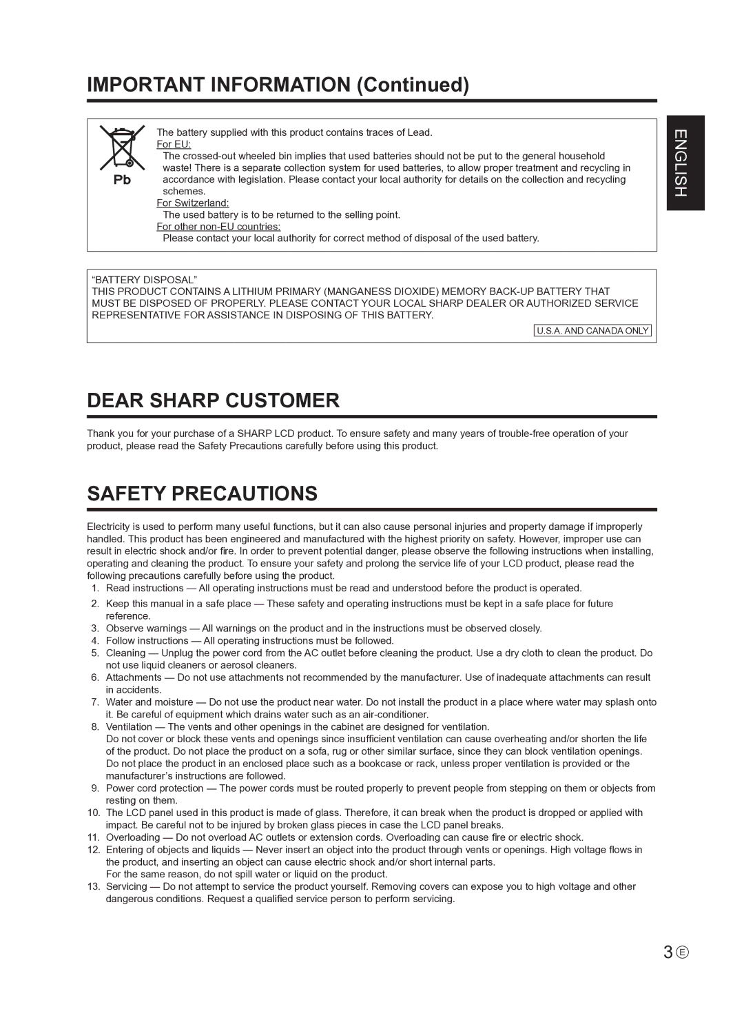 Sharp PNE421P, PN-E421 operation manual Dear Sharp Customer, Safety Precautions 