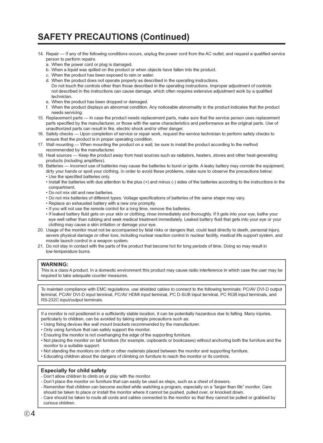 Sharp PN-E421, PNE421P operation manual Safety Precautions 