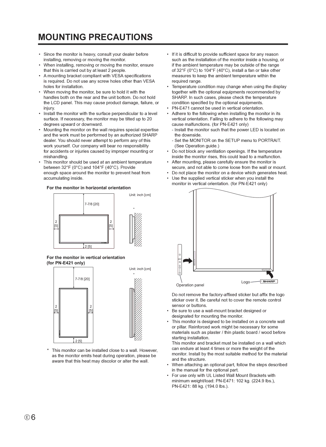 Sharp PN-E421, PNE421P operation manual Mounting Precautions, For the monitor in horizontal orientation 