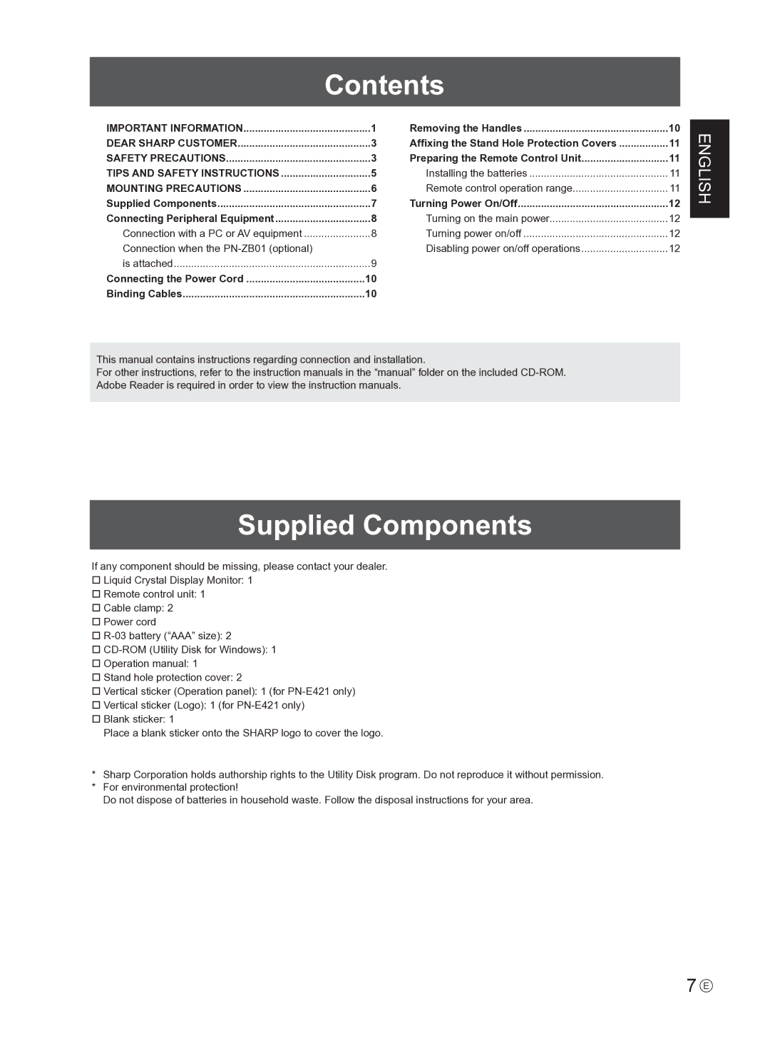 Sharp PNE421P, PN-E421 operation manual Contents, Supplied Components 