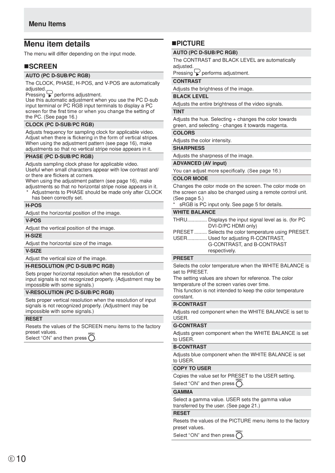 Sharp PN-E471, PN-E421 manual Menu item details, Nscreen, Npicture 