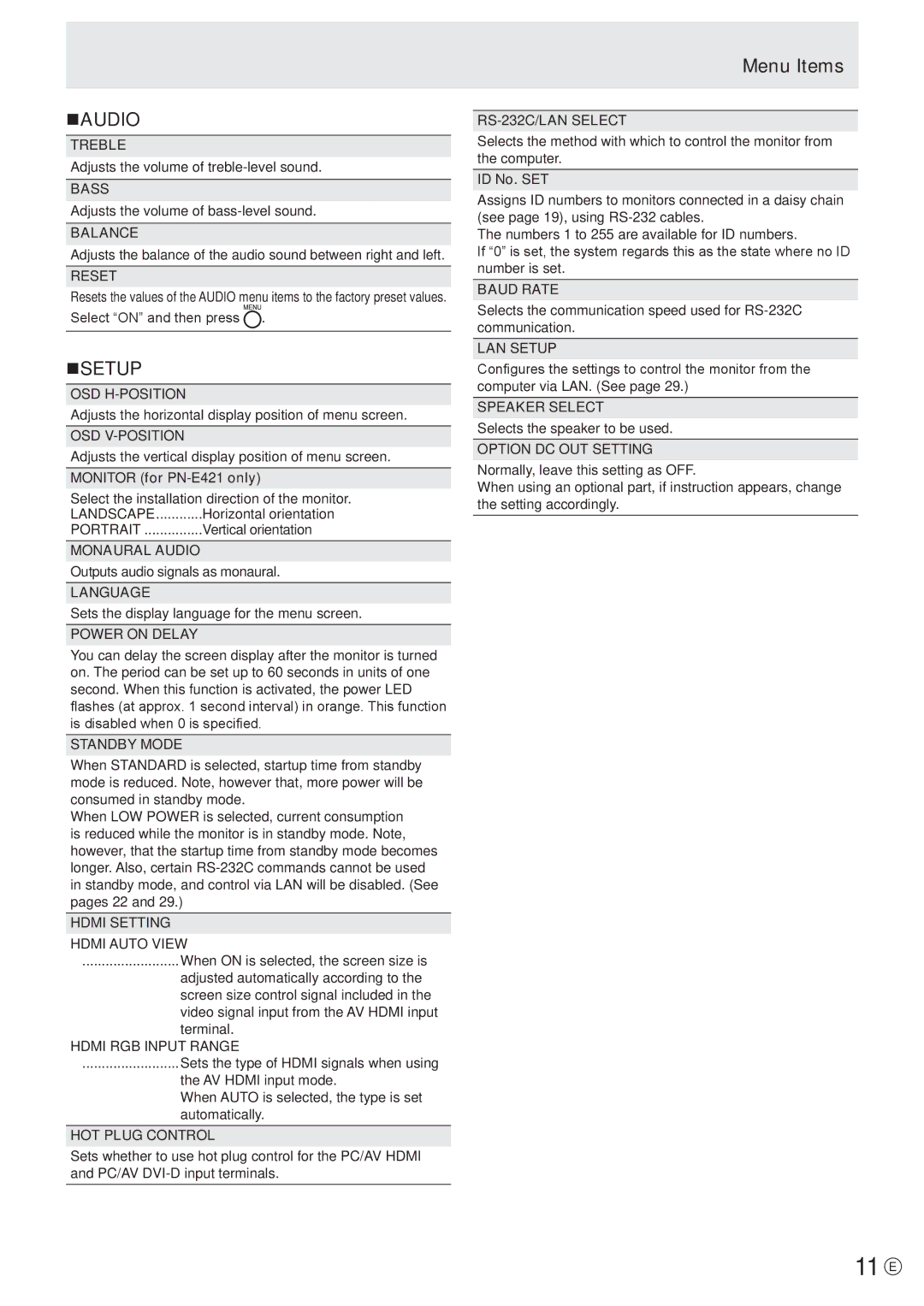 Sharp PN-E421, PN-E471 manual 11 E, Naudio, Nsetup 