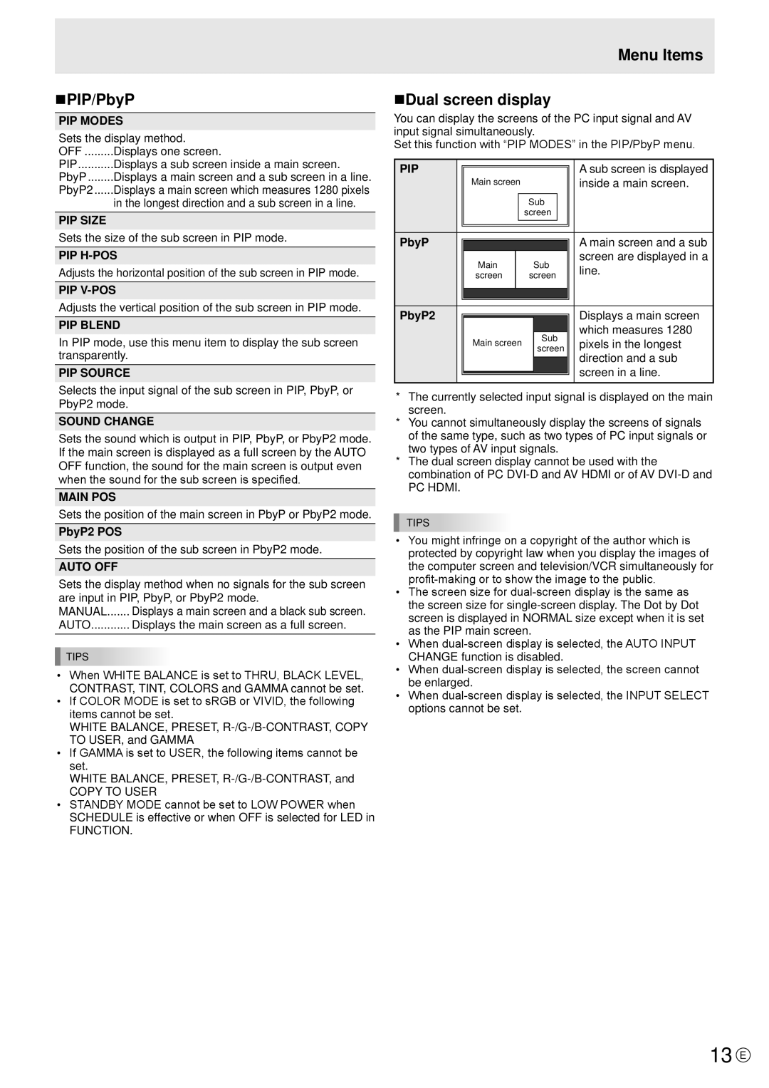 Sharp PN-E421, PN-E471 manual 13 E, NPIP/PbyP, Menu Items NDual screen display 