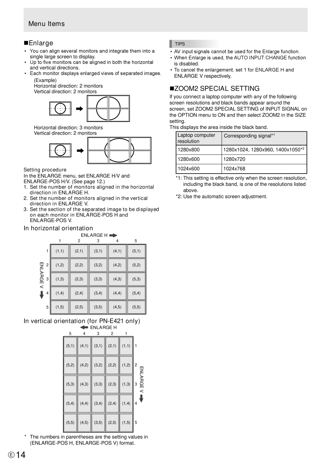 Sharp PN-E471, PN-E421 manual Menu Items NEnlarge, NZOOM2 Special Setting, Setting procedure, Enlarge-Pos 