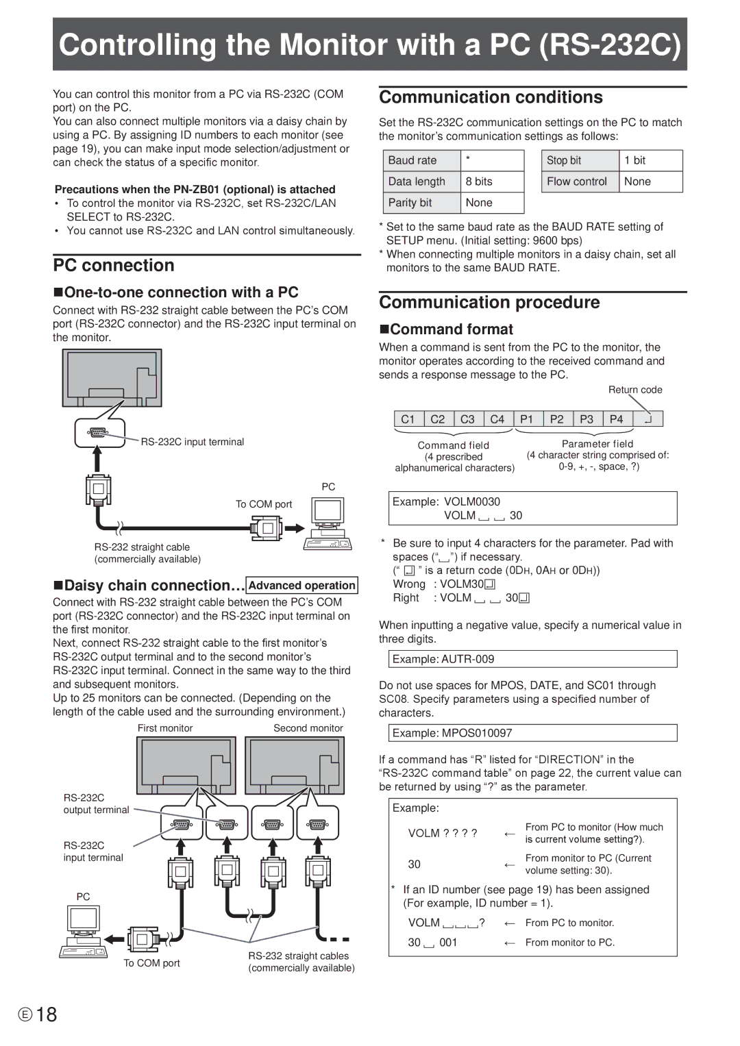 Sharp PN-E471 Controlling the Monitor with a PC RS-232C, PC connection, Communication conditions, Communication procedure 