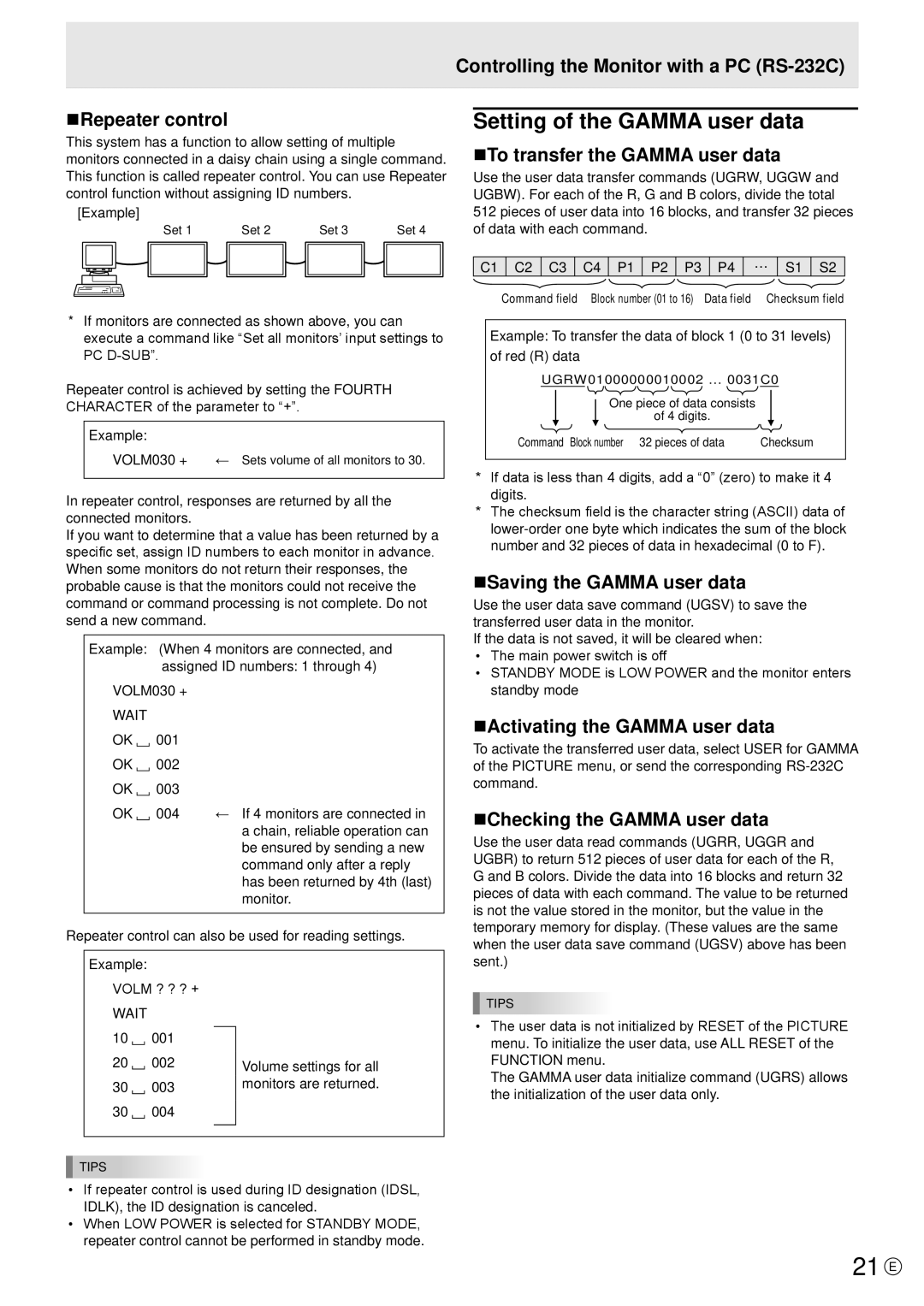 Sharp PN-E421, PN-E471 manual 21 E, Setting of the Gamma user data 