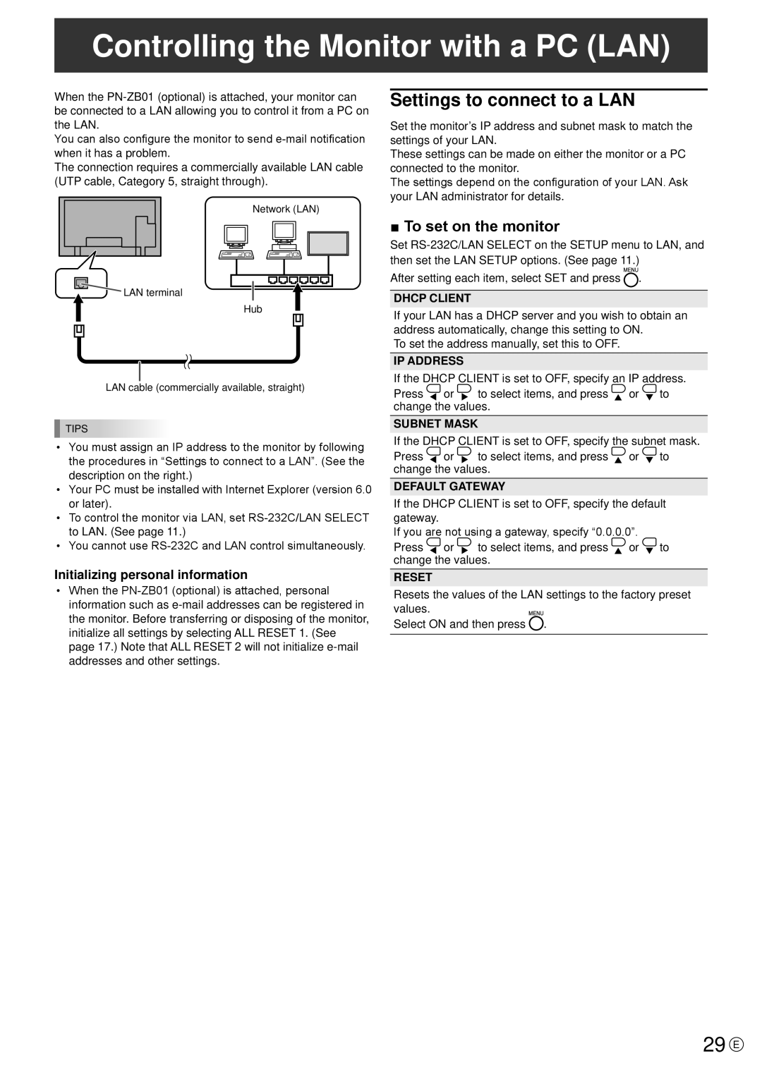 Sharp PN-E421, PN-E471 Controlling the Monitor with a PC LAN, 29 E, Settings to connect to a LAN, To set on the monitor 