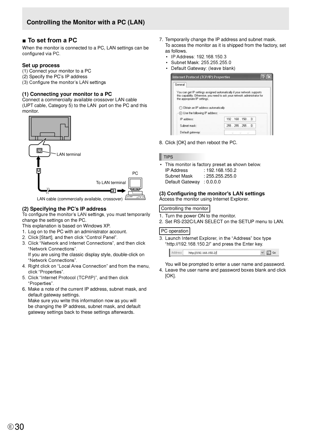 Sharp PN-E471, PN-E421 manual Controlling the Monitor with a PC LAN To set from a PC, Default Gateway 0.0 