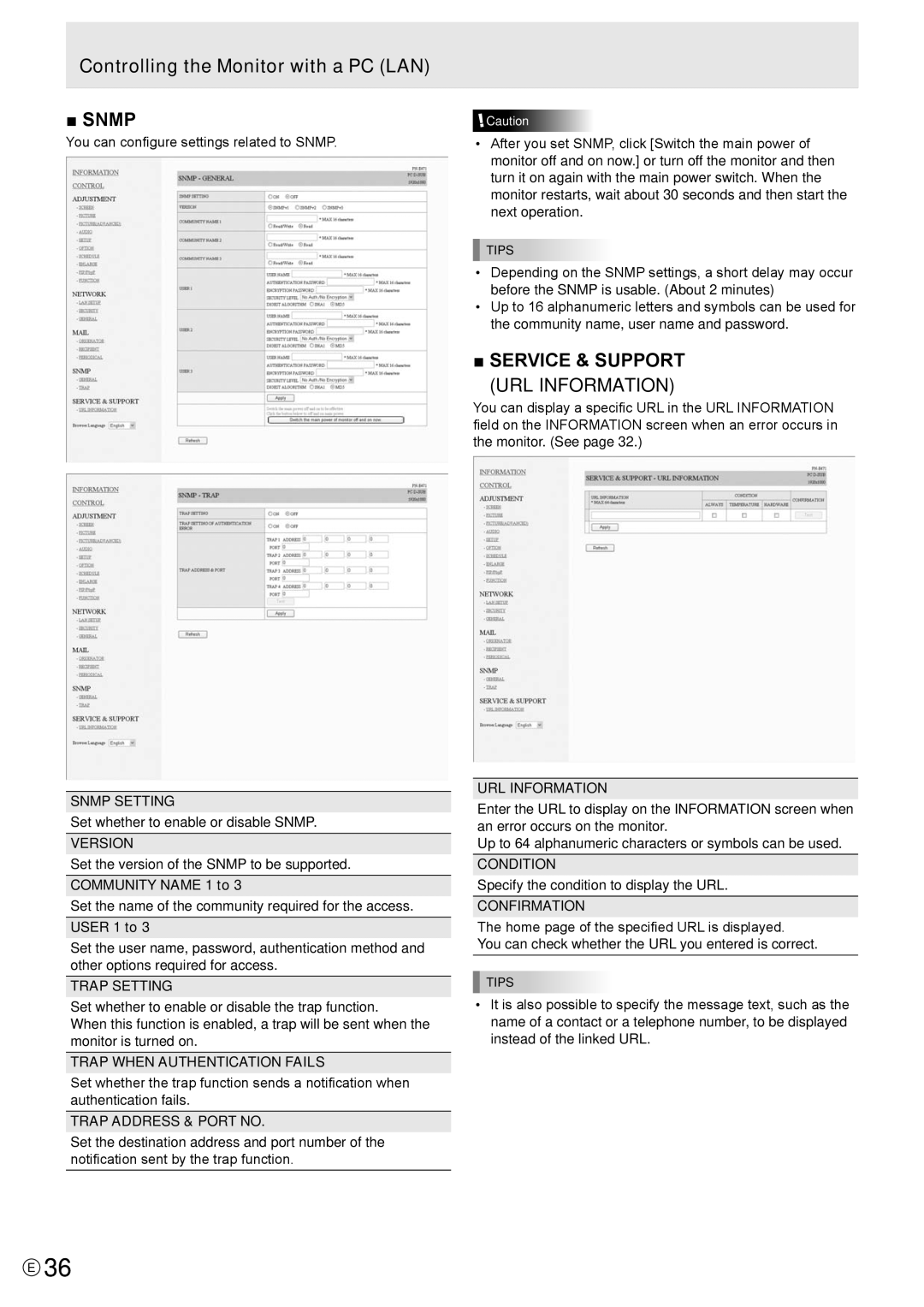 Sharp PN-E471 Snmp Setting, Version, Trap Setting, Trap When Authentication Fails, Trap Address & Port no, URL Information 