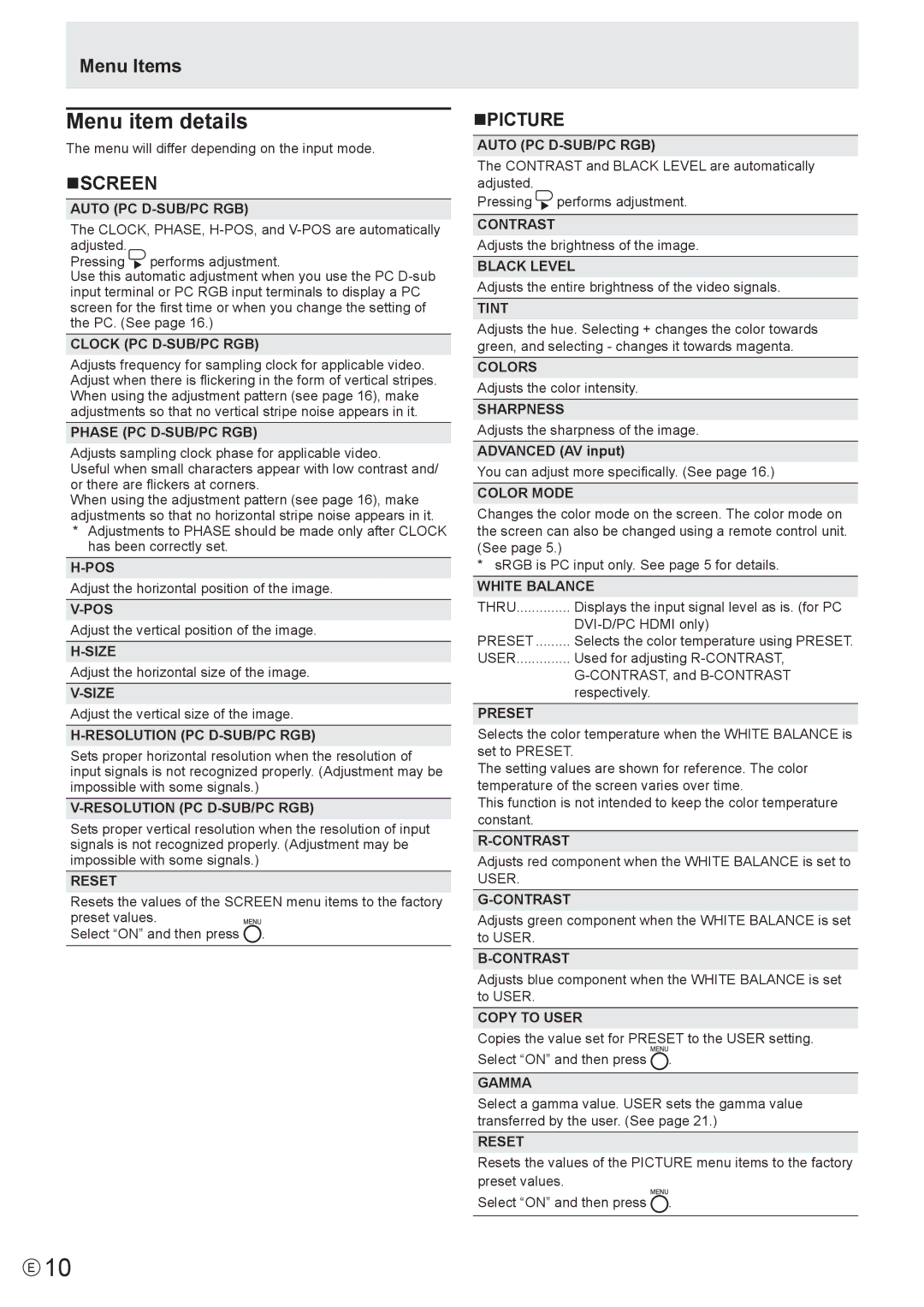 Sharp PN-E471, PN-E421 manual Menu item details, Nscreen, Npicture 