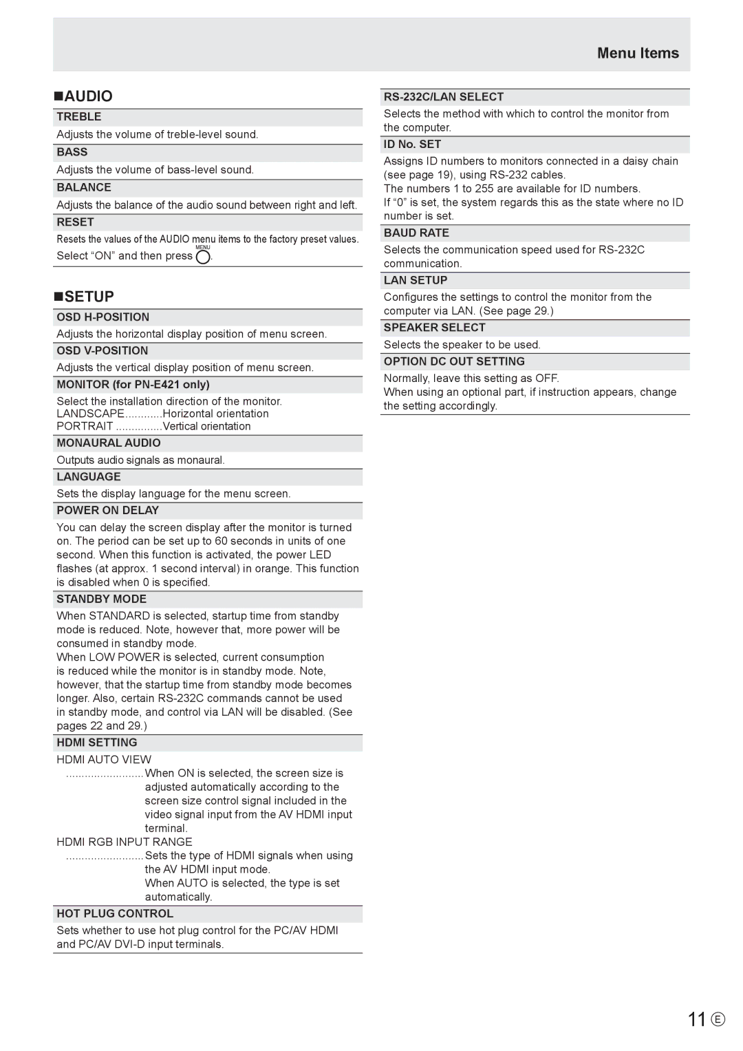 Sharp PN-E421, PN-E471 manual 11 E, Naudio, Nsetup 