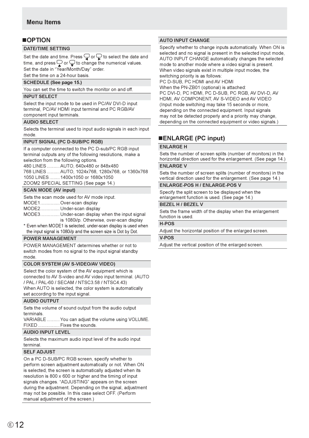 Sharp PN-E471, PN-E421 manual Menu Items NOPTION, NENLARGE PC input 