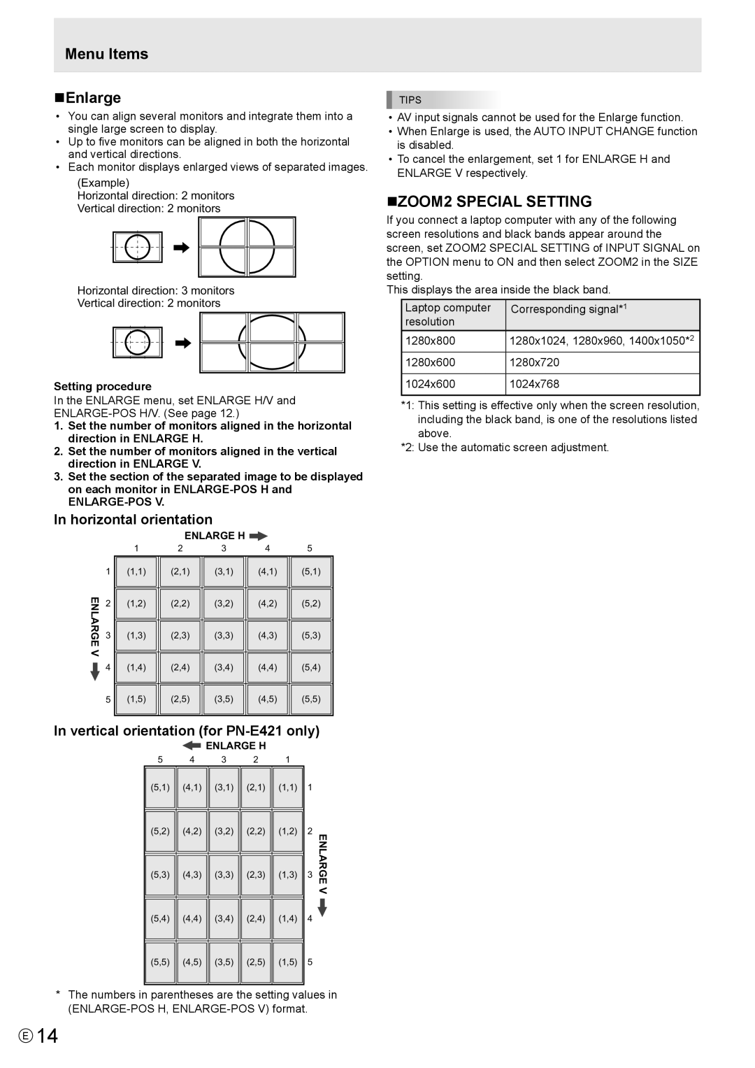 Sharp PN-E471, PN-E421 manual Menu Items NEnlarge, NZOOM2 Special Setting, Setting procedure, Enlarge-Pos 