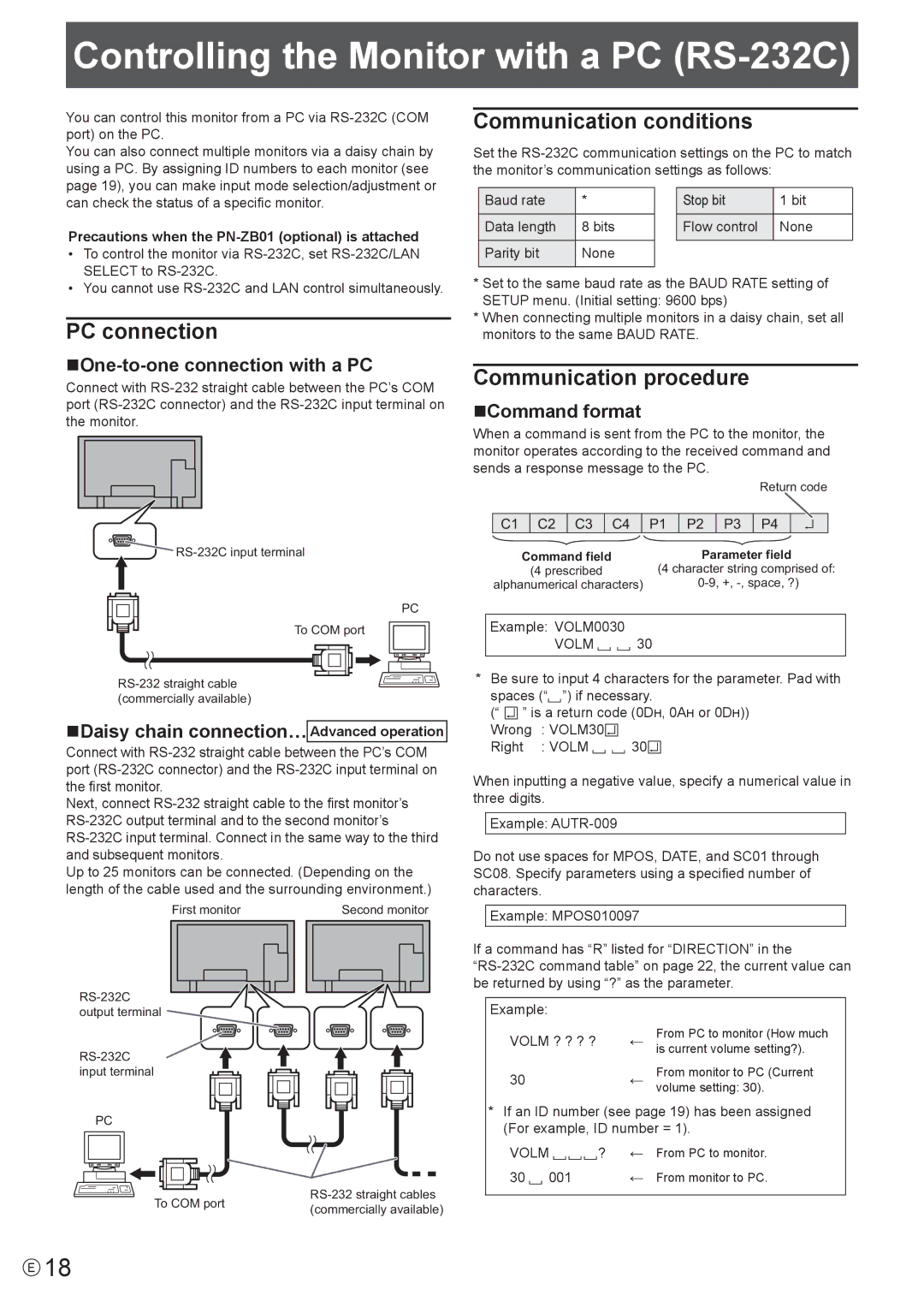 Sharp PN-E471 Controlling the Monitor with a PC RS-232C, PC connection, Communication conditions, Communication procedure 