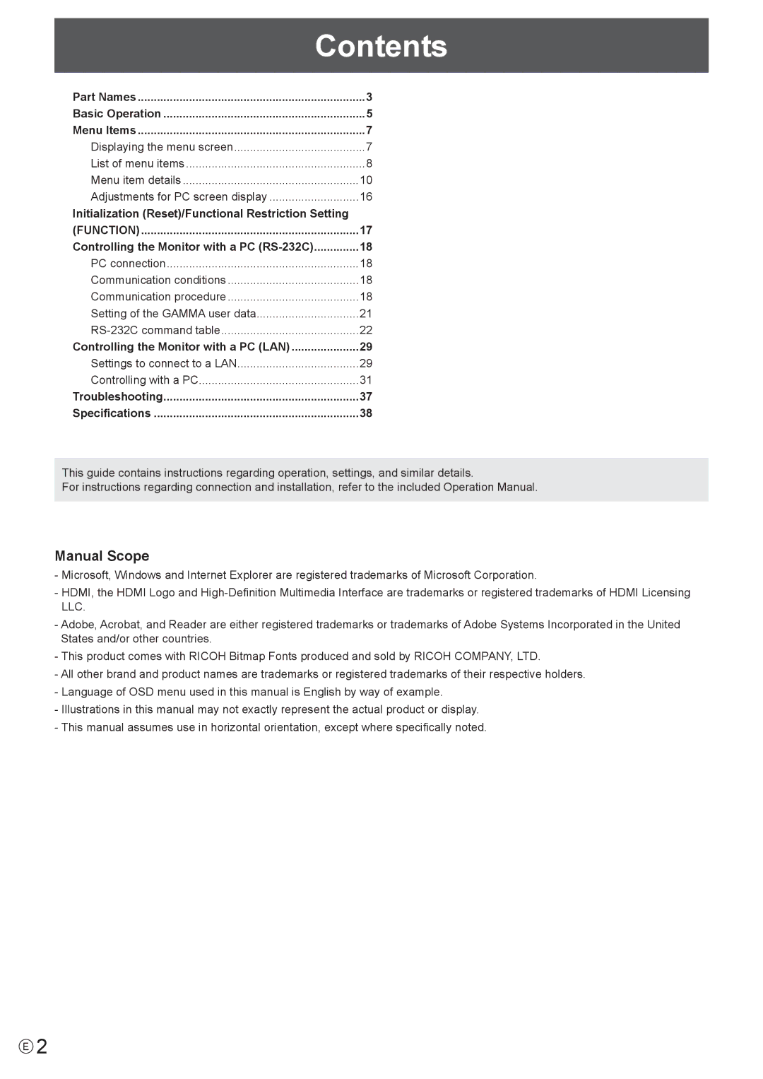 Sharp PN-E471, PN-E421 manual Contents 