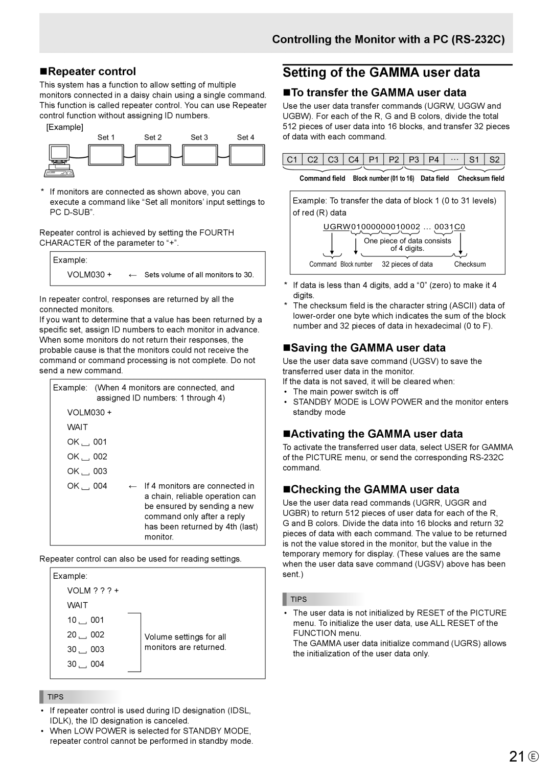 Sharp PN-E421, PN-E471 manual 21 E, Setting of the Gamma user data 