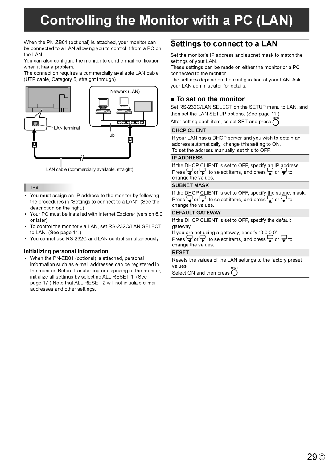 Sharp PN-E421, PN-E471 Controlling the Monitor with a PC LAN, 29 E, Settings to connect to a LAN, To set on the monitor 