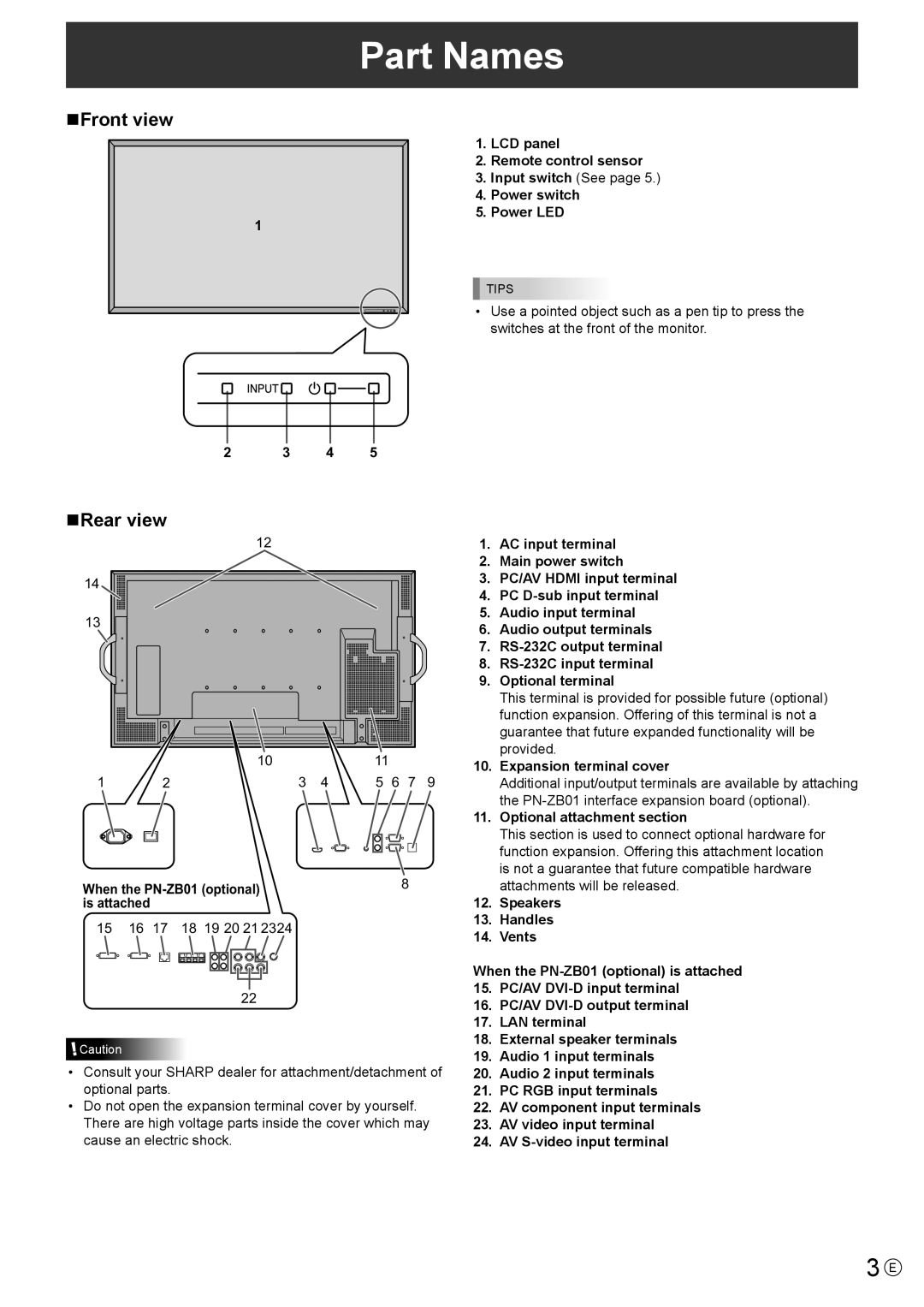 Sharp PN-E421, PN-E471 manual Part Names, NFront view, NRear view 