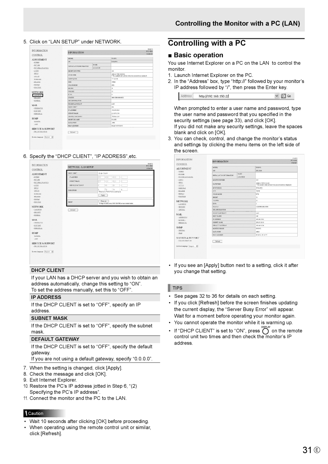 Sharp PN-E421, PN-E471 manual 31 E, Controlling with a PC, Controlling the Monitor with a PC LAN, Basic operation 