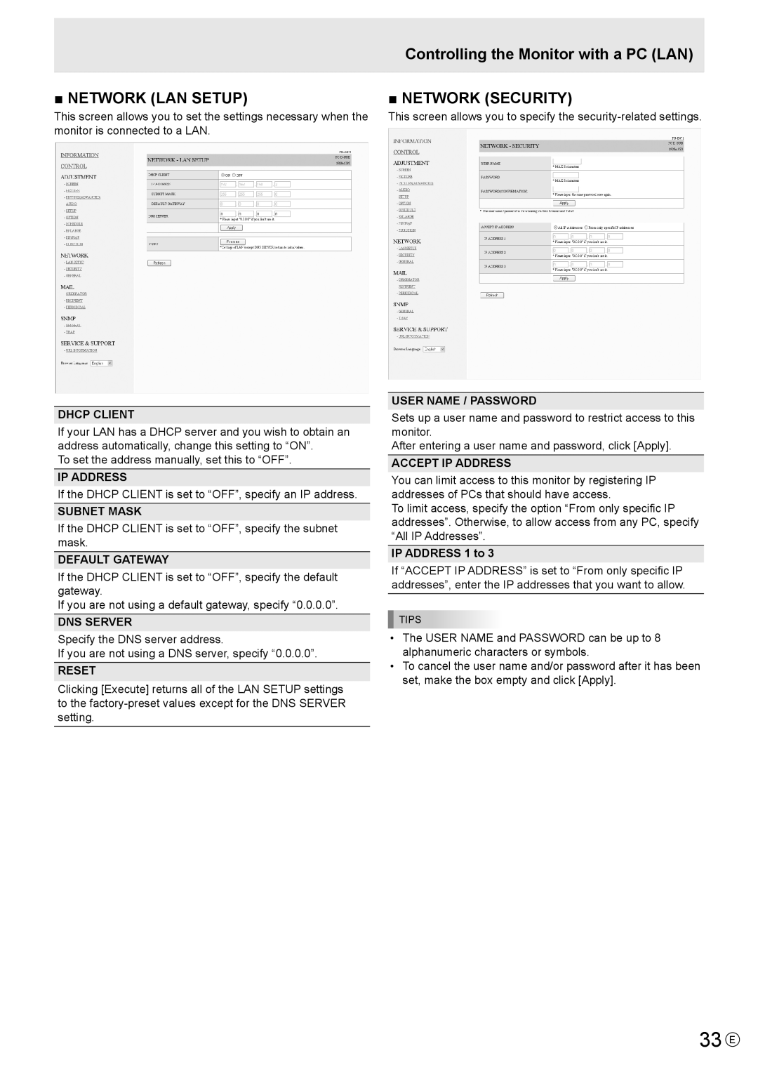 Sharp PN-E421, PN-E471 manual 33 E, DNS Server, User Name / Password, Accept IP Address, IP Address 1 to 