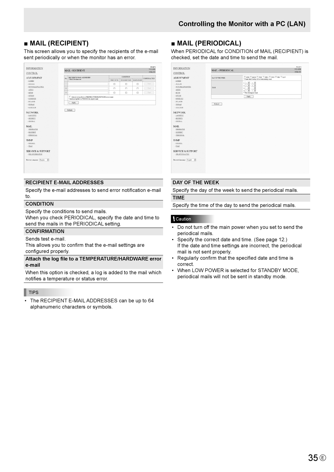 Sharp PN-E421, PN-E471 manual 35 E, Recipient E-MAIL Addresses, Condition, Confirmation, Time 