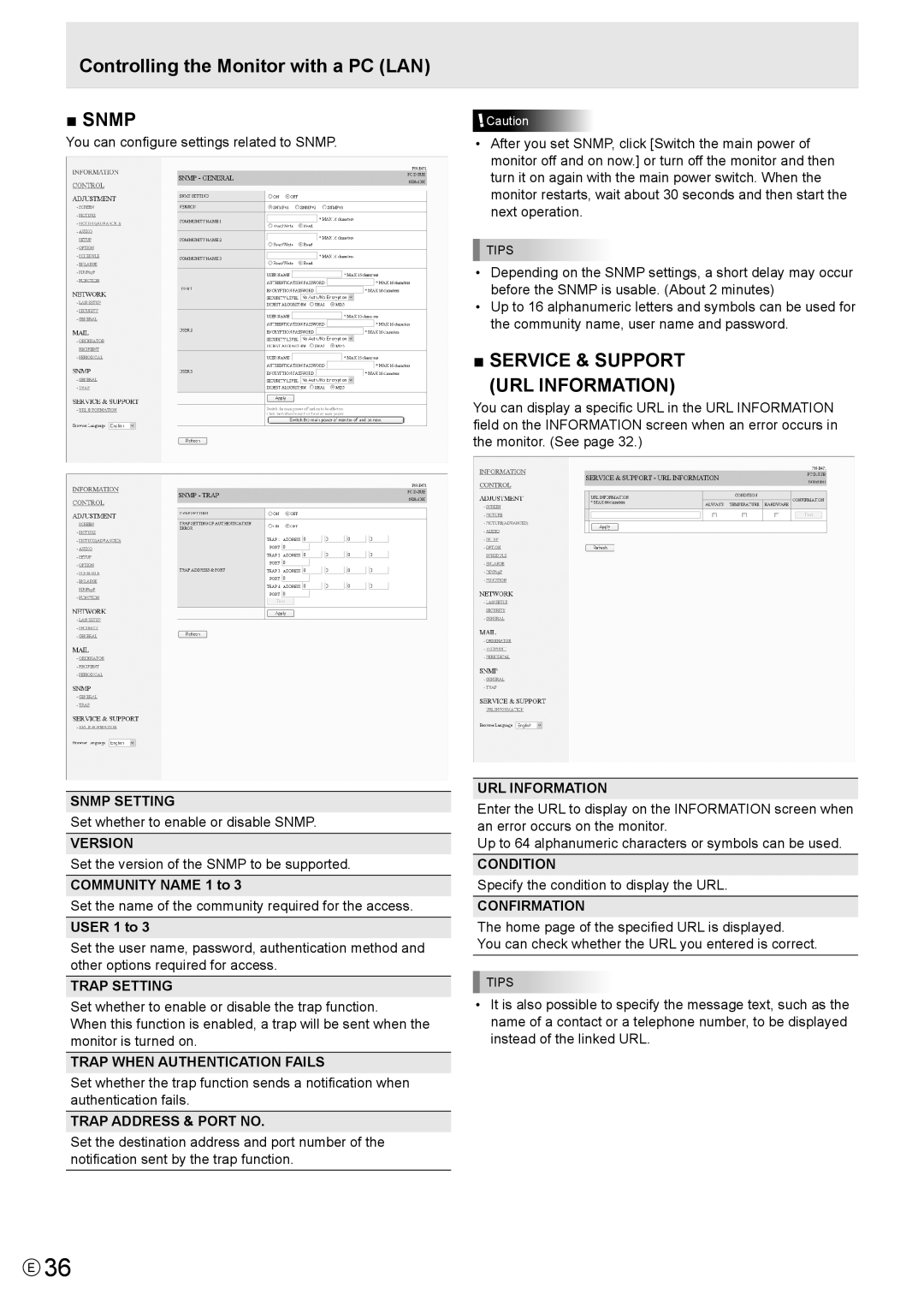 Sharp PN-E471 Snmp Setting, Version, Trap Setting, Trap When Authentication Fails, Trap Address & Port no, URL Information 