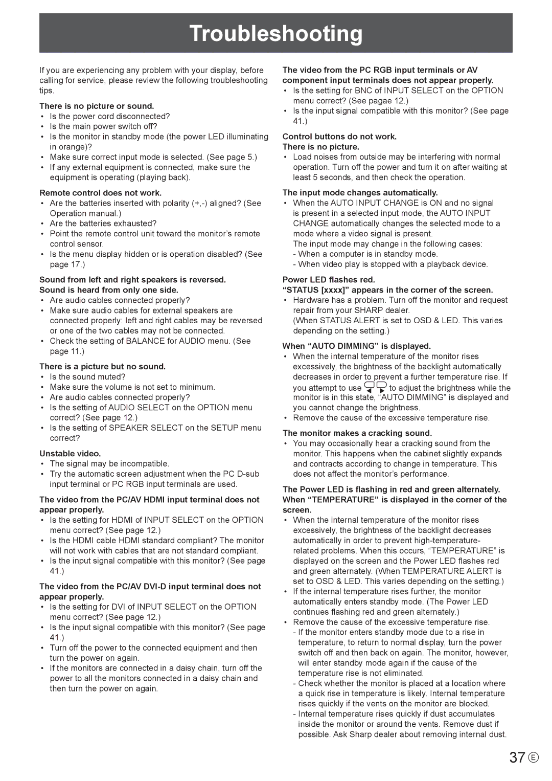 Sharp PN-E421, PN-E471 manual Troubleshooting, 37 E 