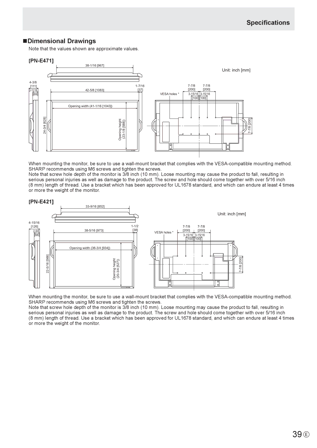 Sharp PN-E421, PN-E471 manual 39 E, NDimensional Drawings, Specifications 