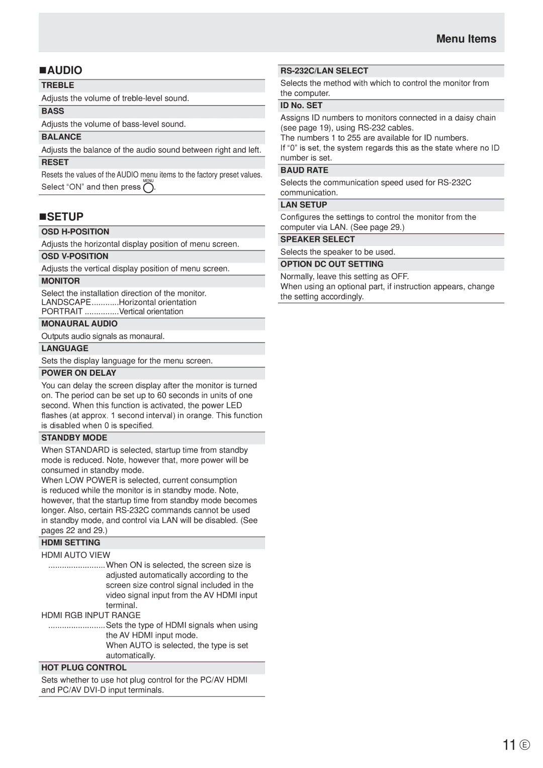 Sharp PN-E471R manual 11 E, Naudio, Nsetup 