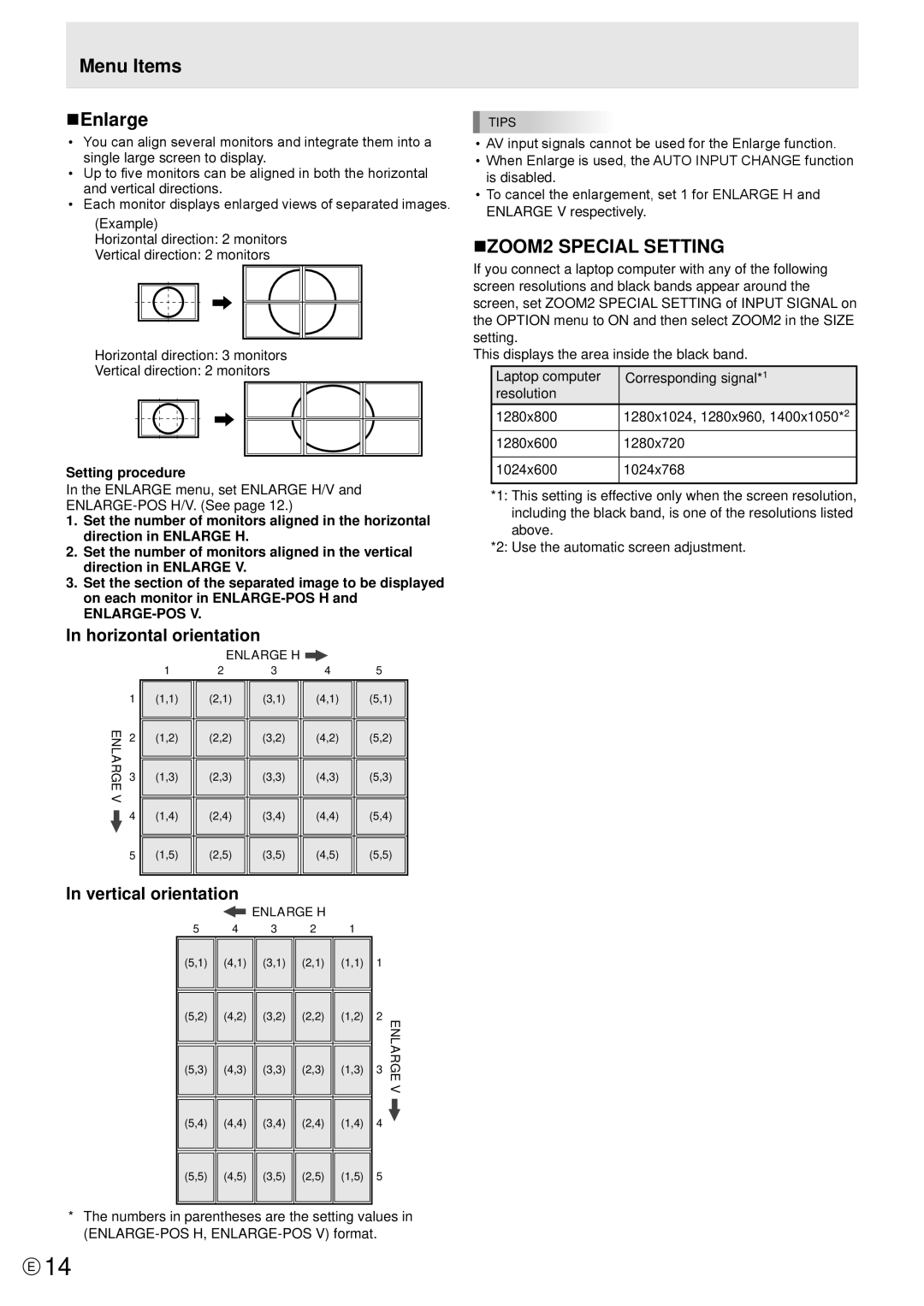 Sharp PN-E471R manual Menu Items NEnlarge, NZOOM2 Special Setting, Setting procedure, Enlarge-Pos 