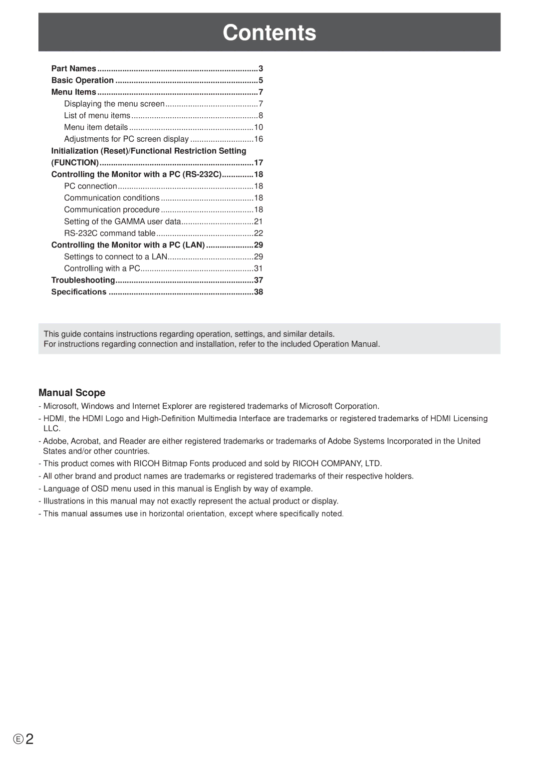 Sharp PN-E471R manual Contents 