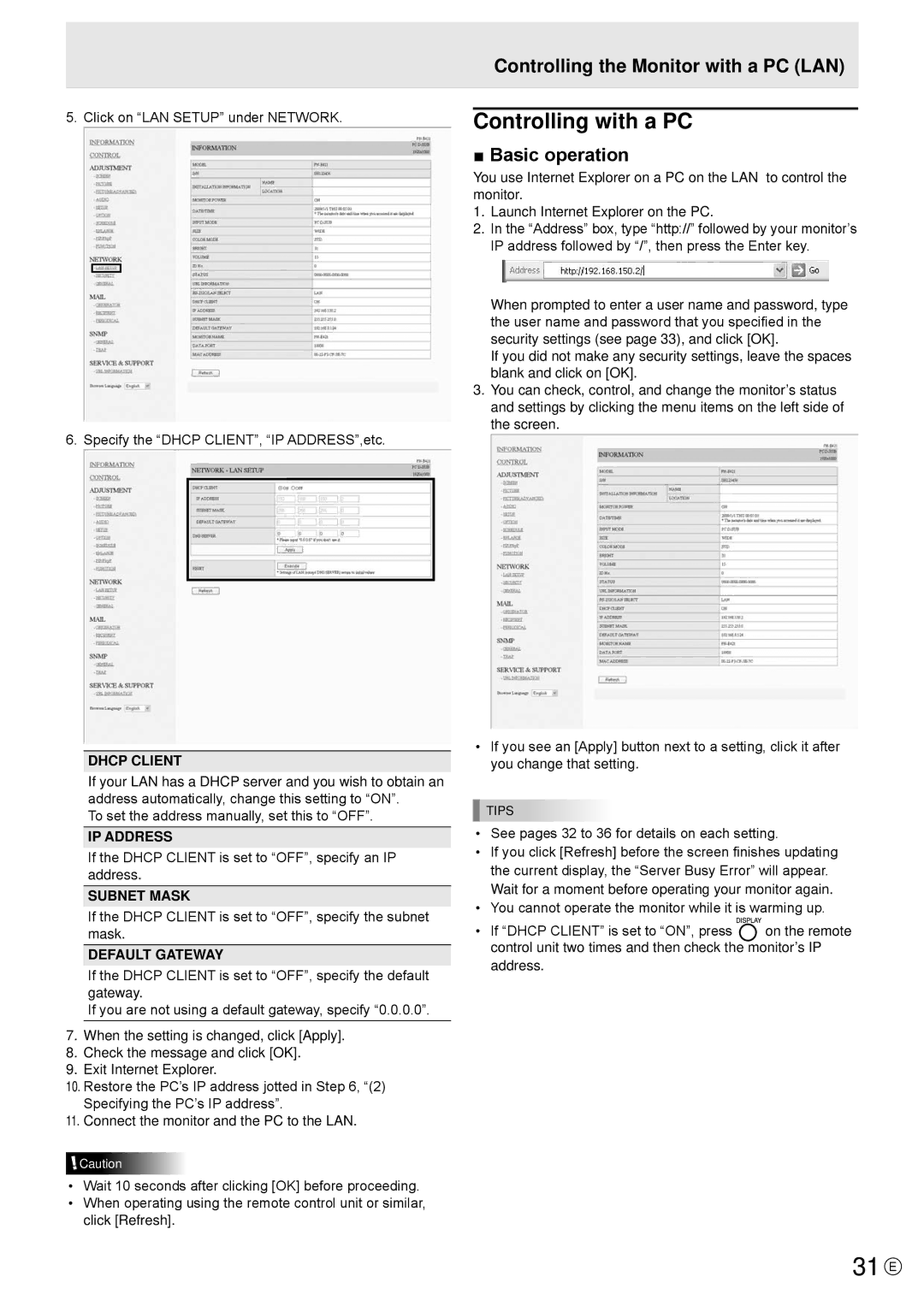 Sharp PN-E471R manual 31 E, Controlling with a PC, Controlling the Monitor with a PC LAN, Basic operation 