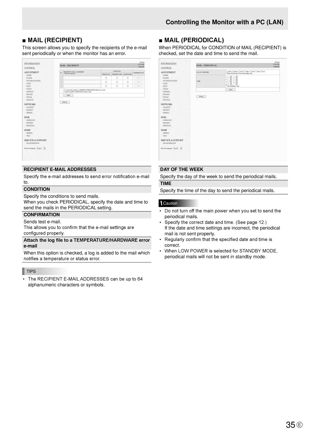 Sharp PN-E471R manual 35 E, Recipient E-MAIL Addresses, Condition, Confirmation, Time 