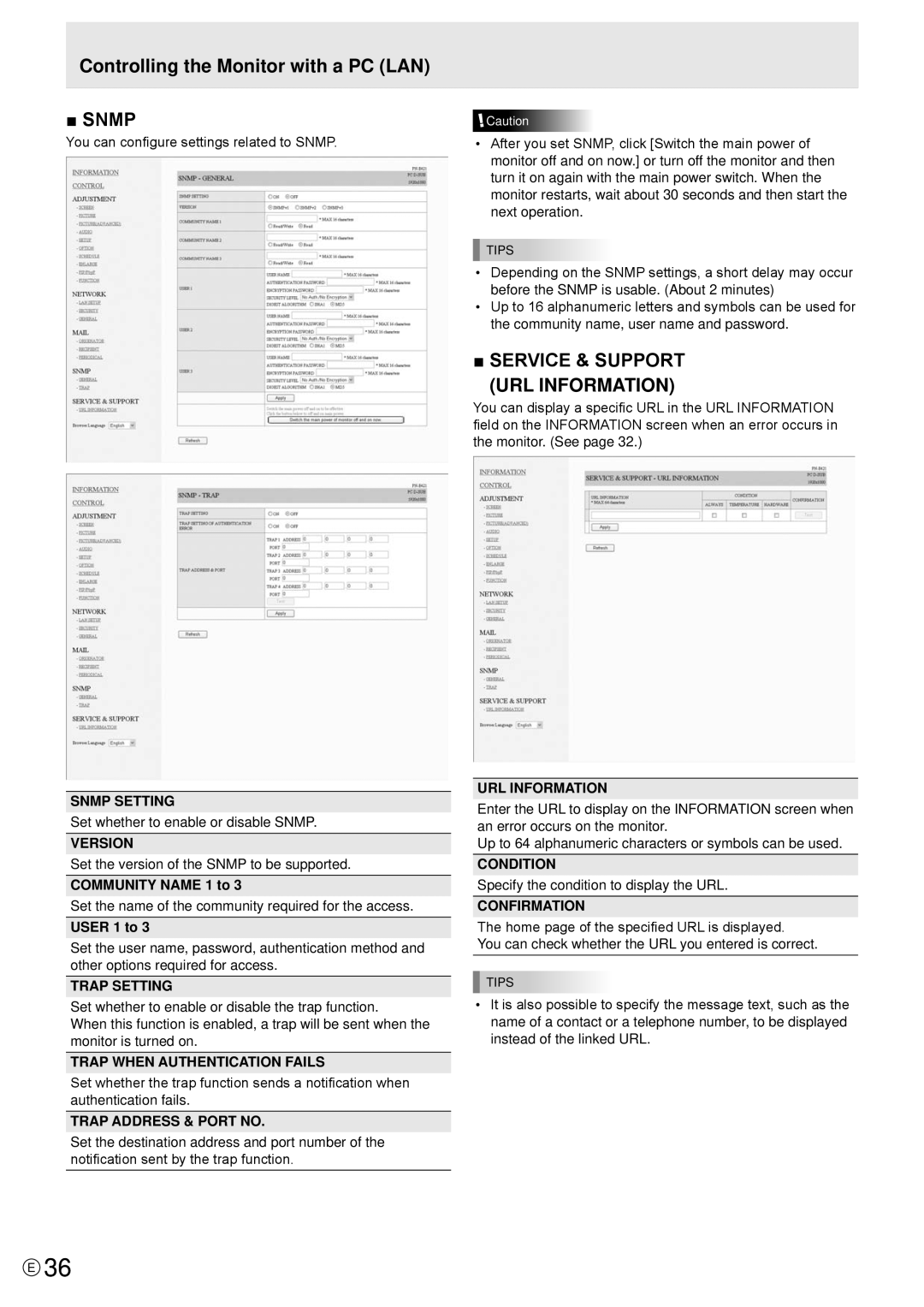 Sharp PN-E471R manual Snmp Setting, Version, Trap Setting, Trap When Authentication Fails, Trap Address & Port no 