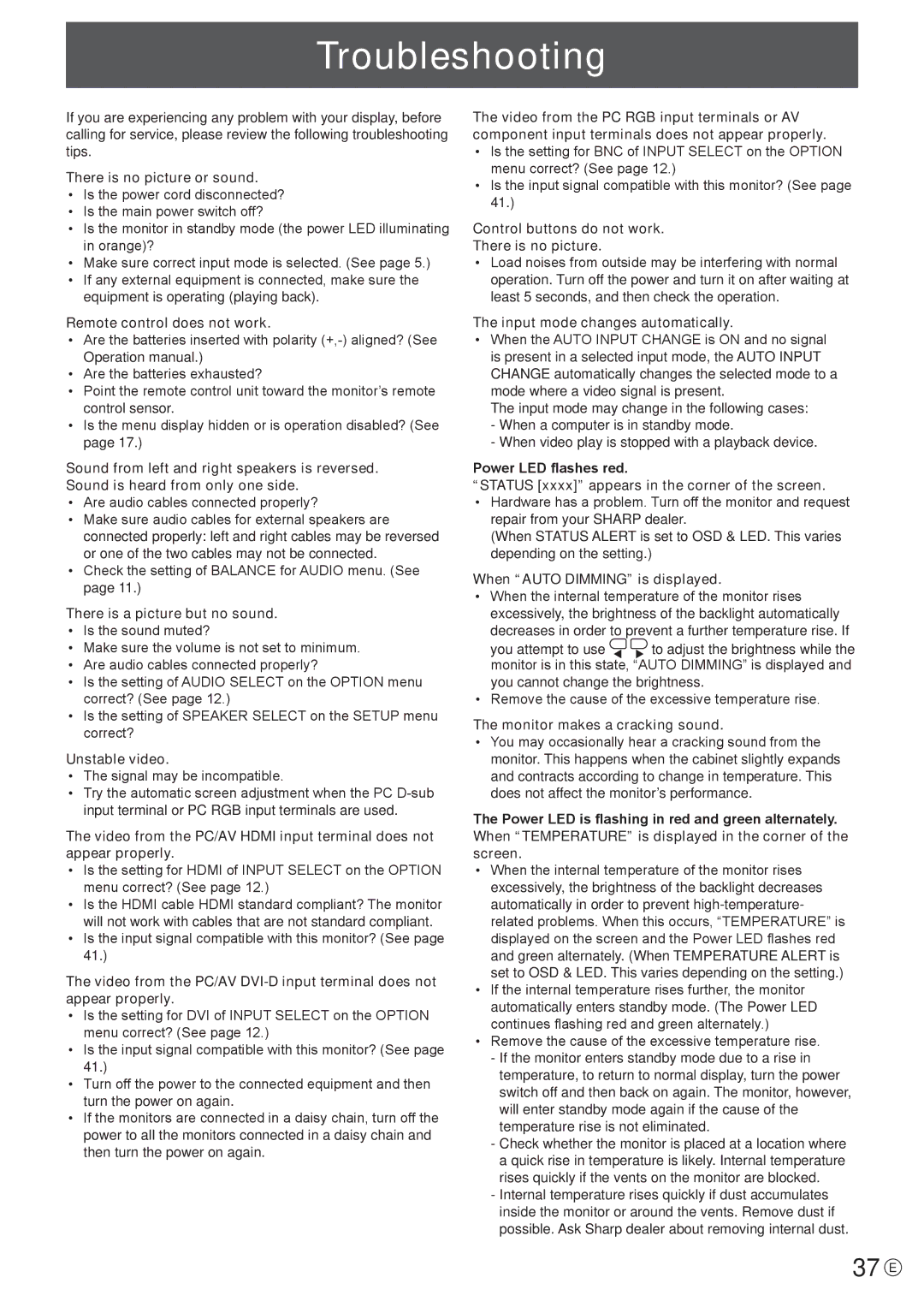 Sharp PN-E471R manual Troubleshooting, 37 E 