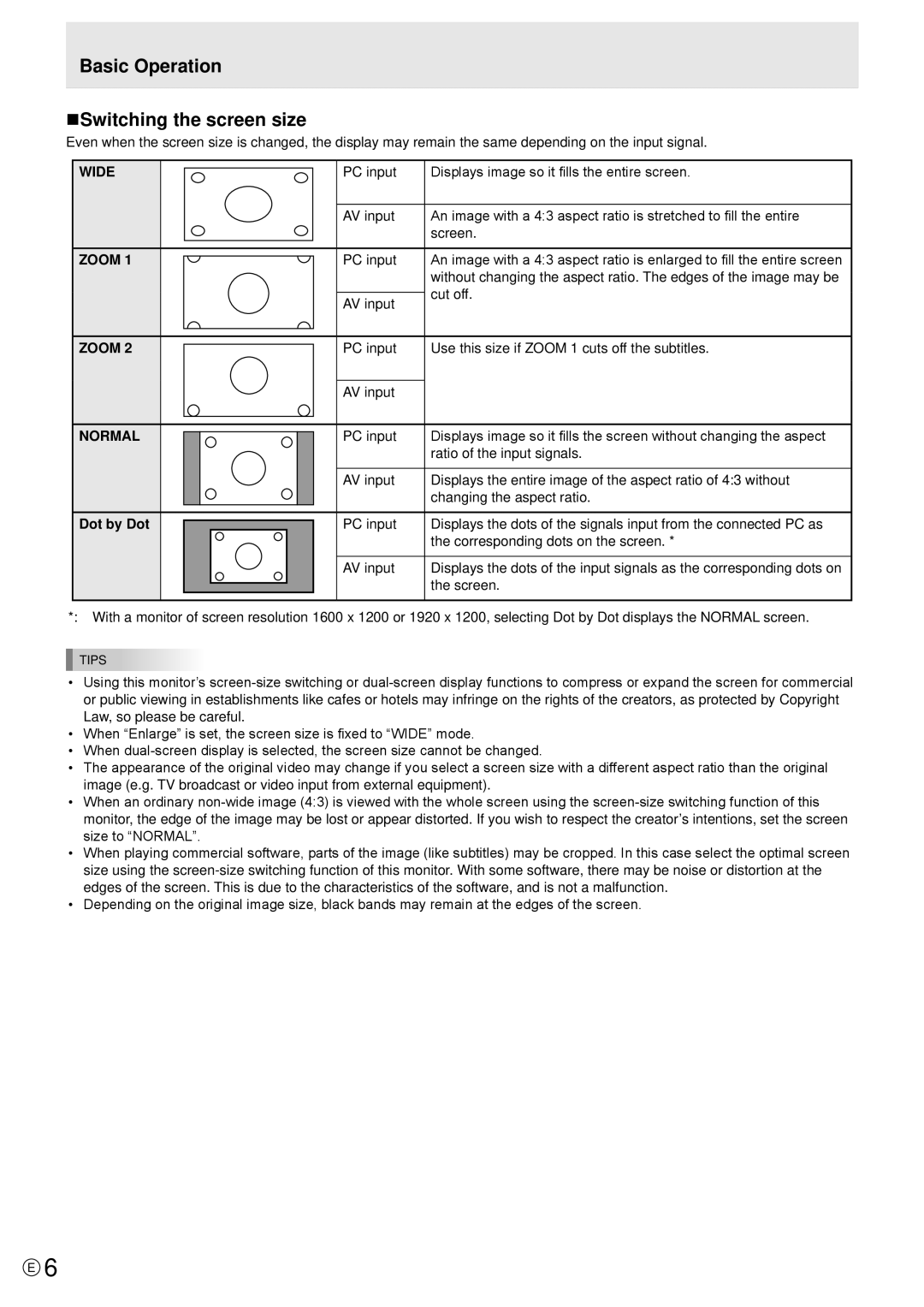 Sharp PN-E471R manual Basic Operation NSwitching the screen size, Wide Zoom Normal, Dot by Dot, Cut off 