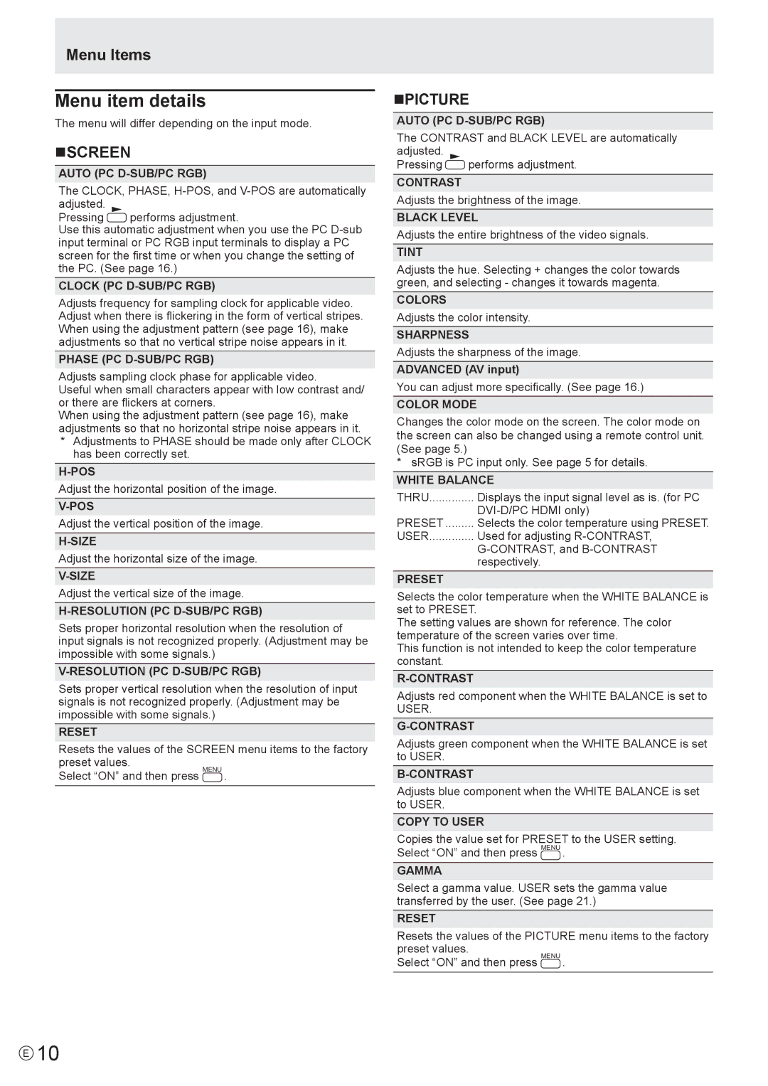 Sharp PN-E601, PN-E521 manual Menu item details, Nscreen, Npicture 