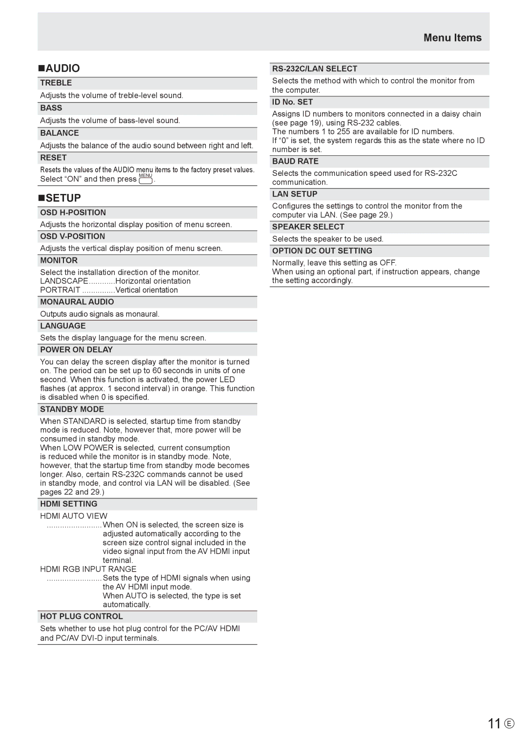 Sharp PN-E521, PN-E601 manual 11 E, Naudio, Nsetup 