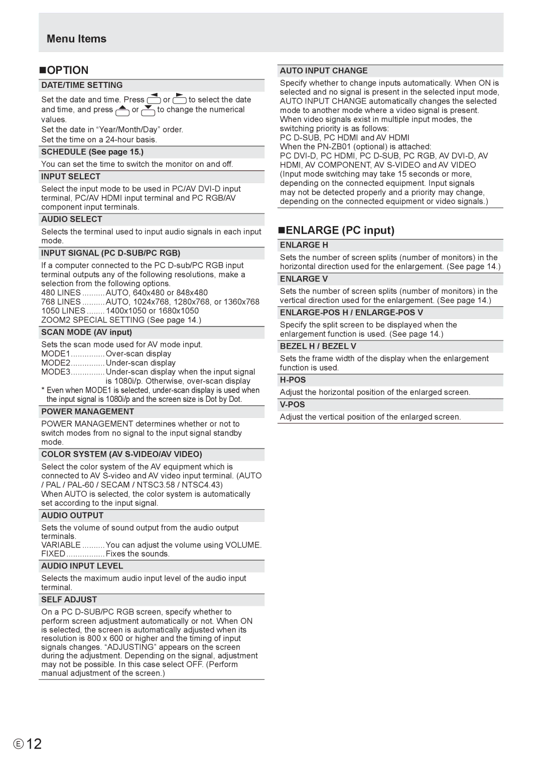 Sharp PN-E601, PN-E521 manual Menu Items NOPTION, NENLARGE PC input 