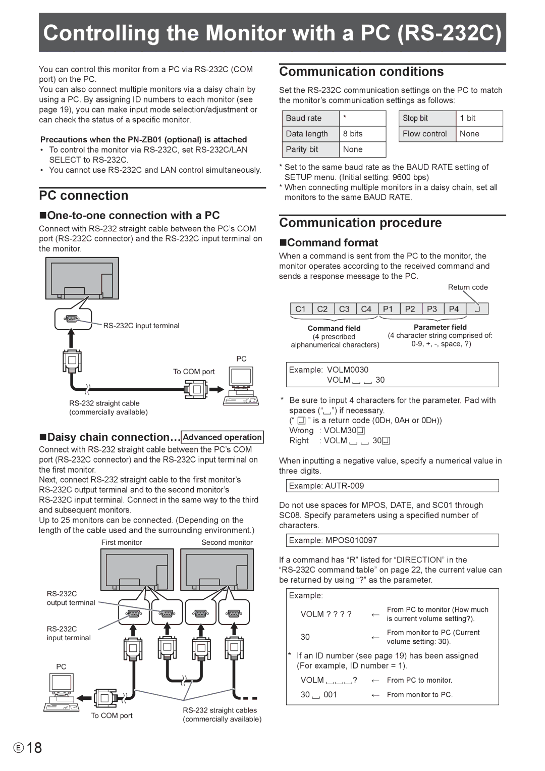 Sharp PN-E601 Controlling the Monitor with a PC RS-232C, PC connection, Communication conditions, Communication procedure 