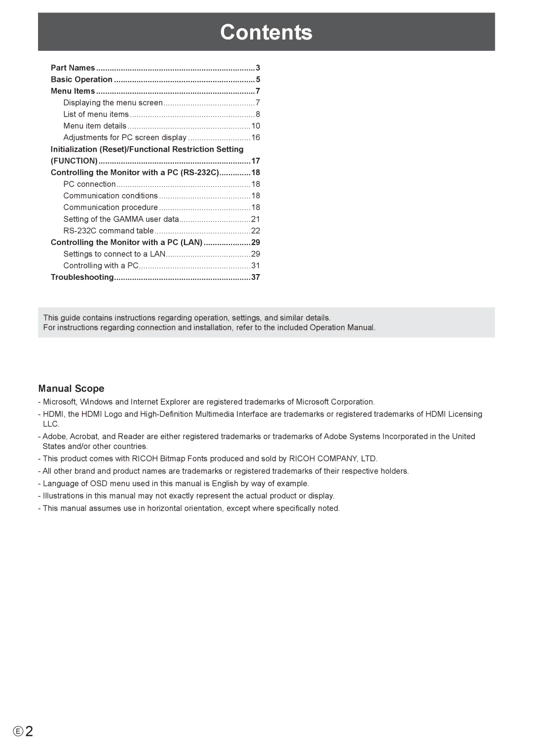 Sharp PN-E601, PN-E521 manual Contents 