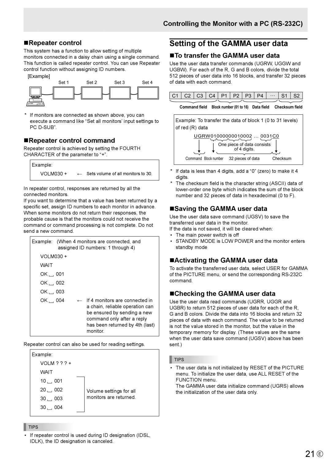 Sharp PN-E521, PN-E601 manual 21 E, Setting of the Gamma user data 