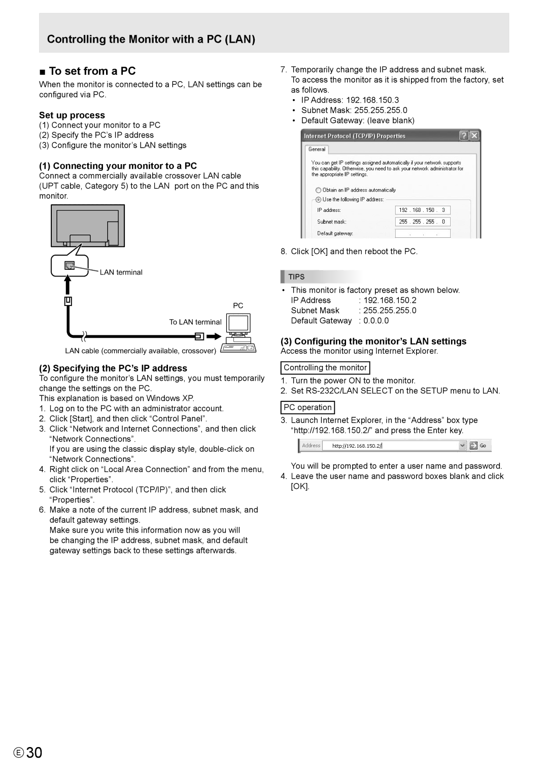 Sharp PN-E601, PN-E521 manual Controlling the Monitor with a PC LAN To set from a PC, Default Gateway 0.0 