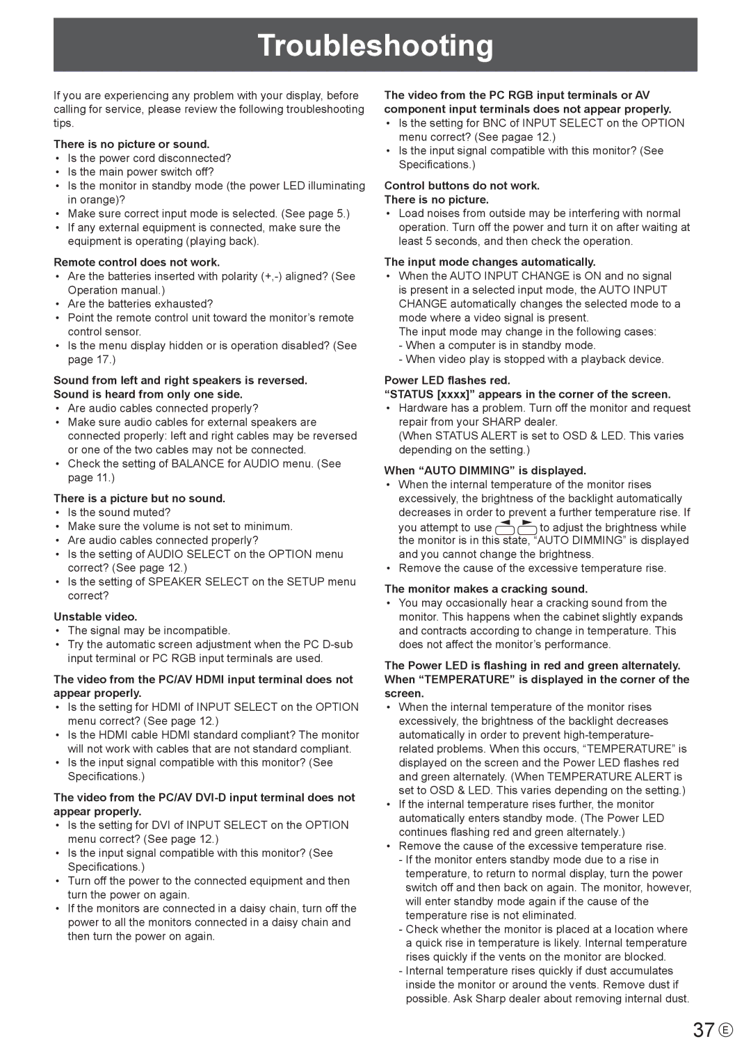 Sharp PN-E521, PN-E601 manual Troubleshooting, 37 E 