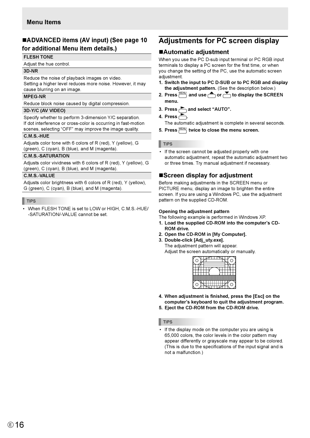 Sharp PN-E601 Adjustments for PC screen display, nADVANCED items AV input See page 10 for additional Menu item details 