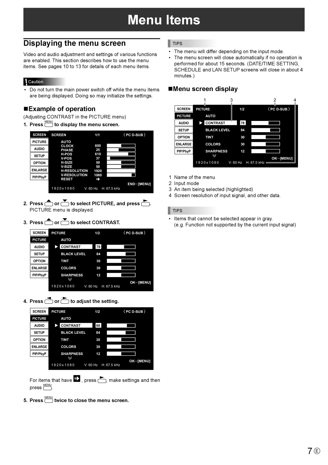 Sharp PN-E521, PN-E601 manual Menu Items, Displaying the menu screen, nExample of operation, nMenu screen display 